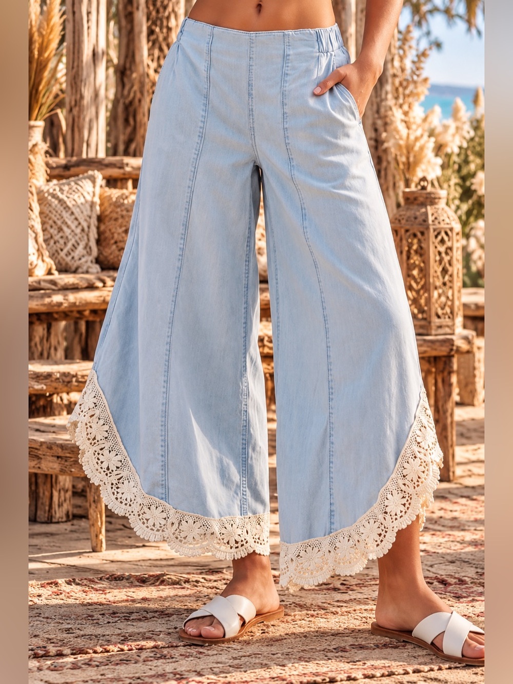 Denim mineral wash tulip lace jeans boho wide leg western contrast bohemian pant